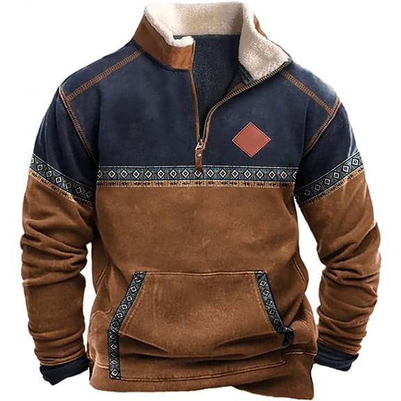 IWRICH Quarter Zip Western Jackets for Men Cowboy Sweatshirts Retro Ethnic Graphic Casual Long Sleeve Pullover Tops Coffee XL