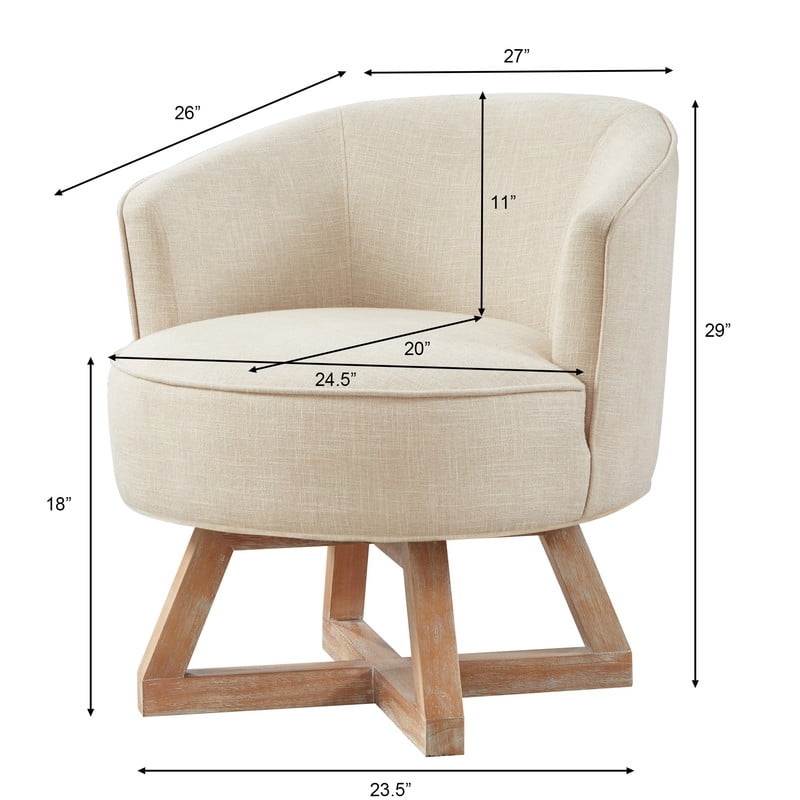 360° Swivel Accent Chair with Solid Wood, Linen Upholstered Barrel Chair, Cross Shaped Leg Armchair, Easy Assembly for Living Room, Beige