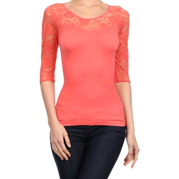 Luxury Divas Lightweight Three Quarter Sleeve Top With Lace Trim