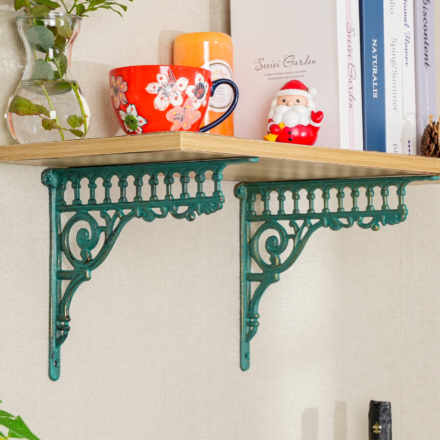 Sungmor 10.6 Inch Cast Iron Green Brackets for Shelves, 2PC Vintage Decorative Angle Support Doorway Bracket, Shelves Corbels, Wall Mounted Floating Shelf Bracket