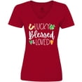 thumbnail image 3 of Inktastic Lucky Blessed and Loved Horseshoe Clover Hearts Women's V-Neck T-Shirt, 3 of 5