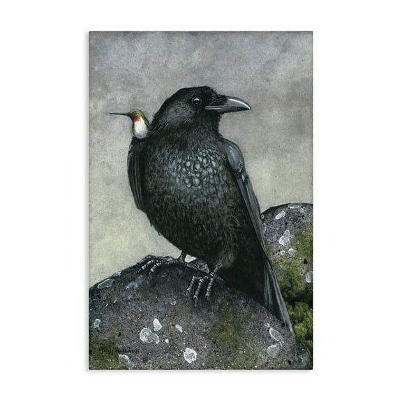 Stupell Industries Crow & Hummingbird Perched Animals & Insects Painting Gallery Wrapped Canvas Art Print Wall Art, 16 x 24