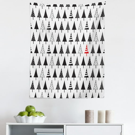 Christmas Tapestry, Sharp Triangle Winter Season Trees with Striped and Dotted Patterns, Fabric Wall Hanging Decor for Bedroom Living Room Dorm, 5 Sizes, Charcoal Grey Vermilion, by Ambesonne
