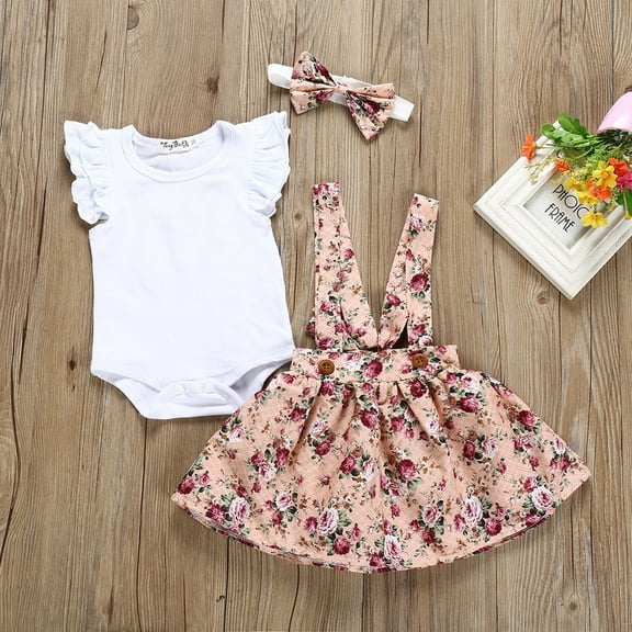 Dooleck Infant Baby Girl Clothes Ruffle Bodysuit Floral Suspender Skirt Outfit Set