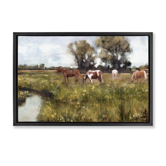 Stupell Industries Lazy Day Horse Landscape Landscape Painting Black Floater Framed Canvas Art Print Wall Art, 25 x 17
