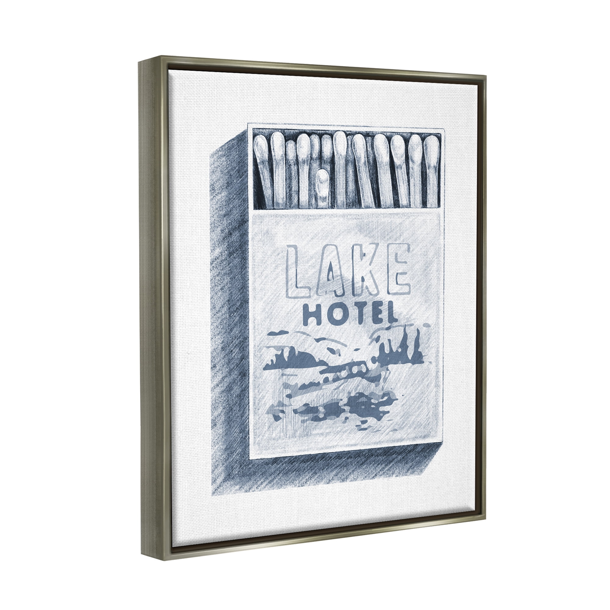 Stupell Industries Lake Hotel Matchbook Drawing Landscape Painting Gray Floater Framed Art Print Wall Art
