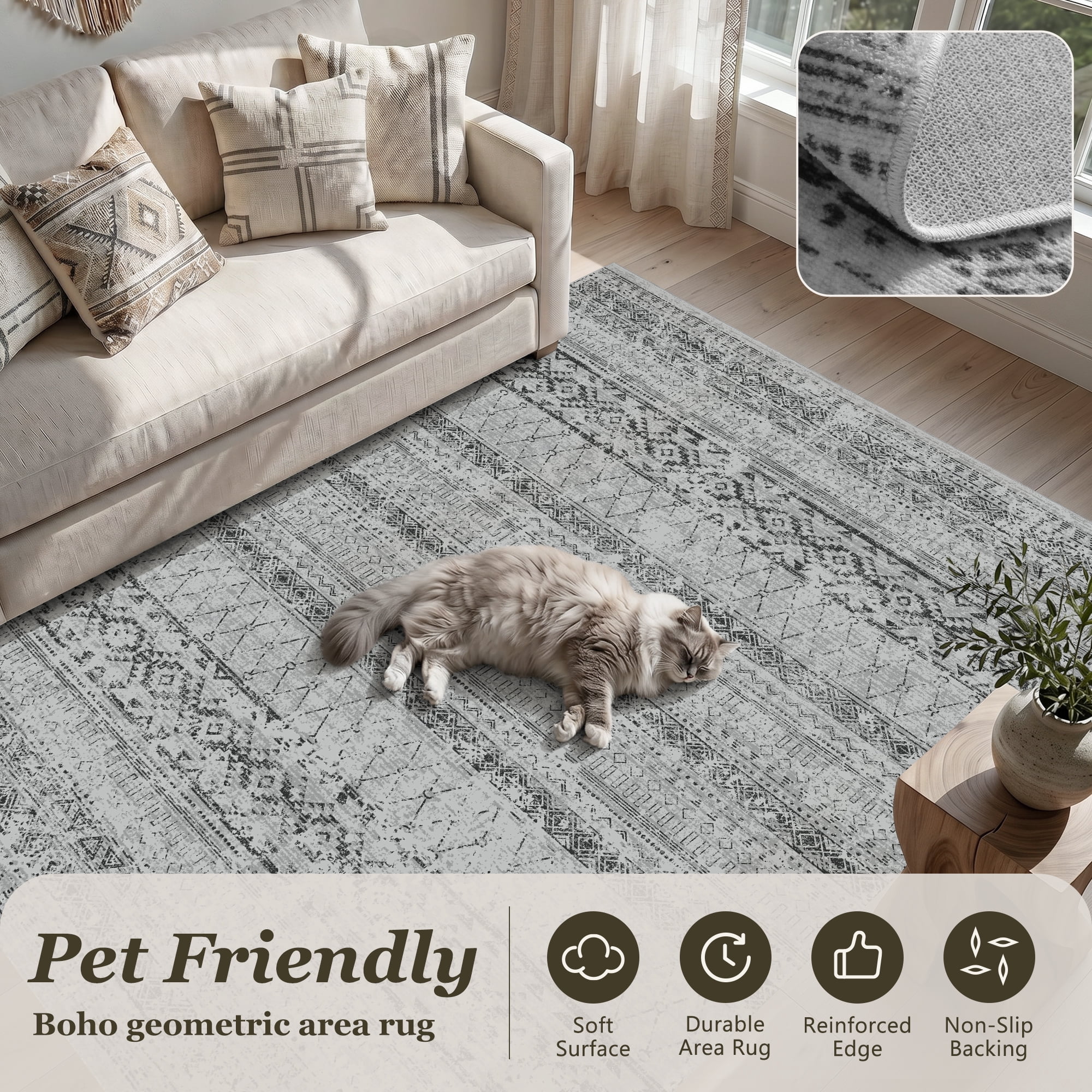 SIXHOME 5'x8' Area Rugs for Living Room Washable Rugs Boho Geometric Living Room Rug Moroccan Neutral Carpet Non Slip Soft Distressed Rugs for Bedroom Dining Room Office Modern Home Decor Black