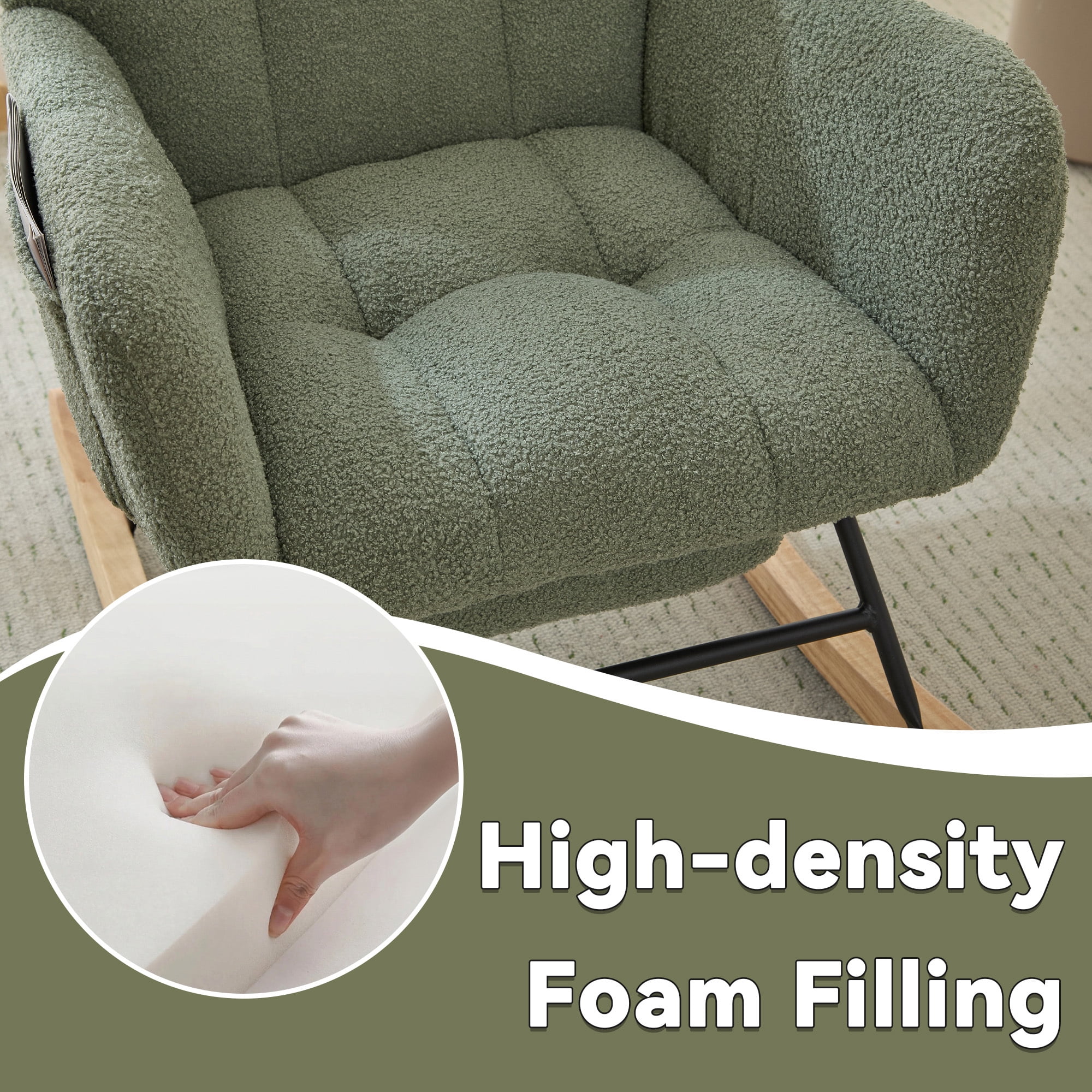 Leumius Nursery Rocking Chair with Footrest,Teddy Fabric Upholstered Glider Rocker Chair with High Backrest,Side Storage Pocket & Solid Wood Legs,Comfy Accent Chair for Living Room Bedroom,Green