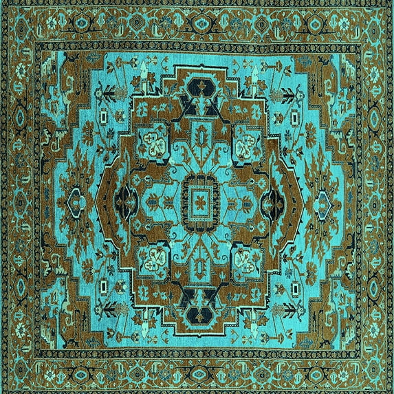 Ahgly Company Machine Washable Indoor Square Oriental Turquoise Blue Industrial Area Rugs, 7' Square