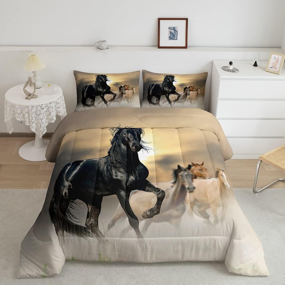 Black Horse Comforter Set Queen 3D Horse Printed Down Comforter, for