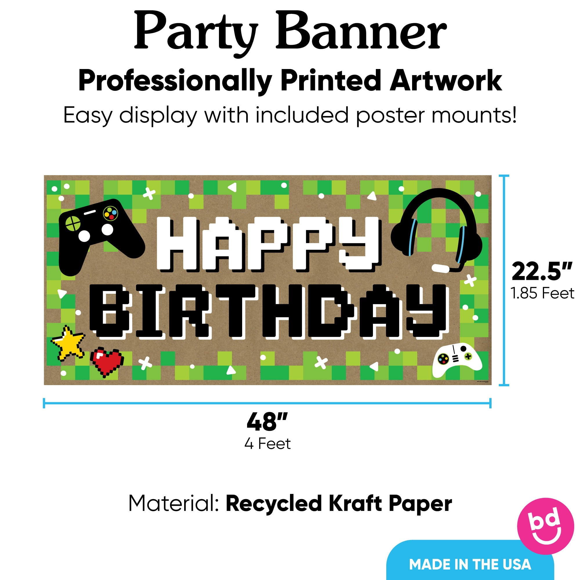 Big Dot of Happiness Video Game Kraft Paper Banner, Pixel Game Zone Happy Birthday Party Banner, Printed Brown Paper Party Sign Decoration – 1 Count