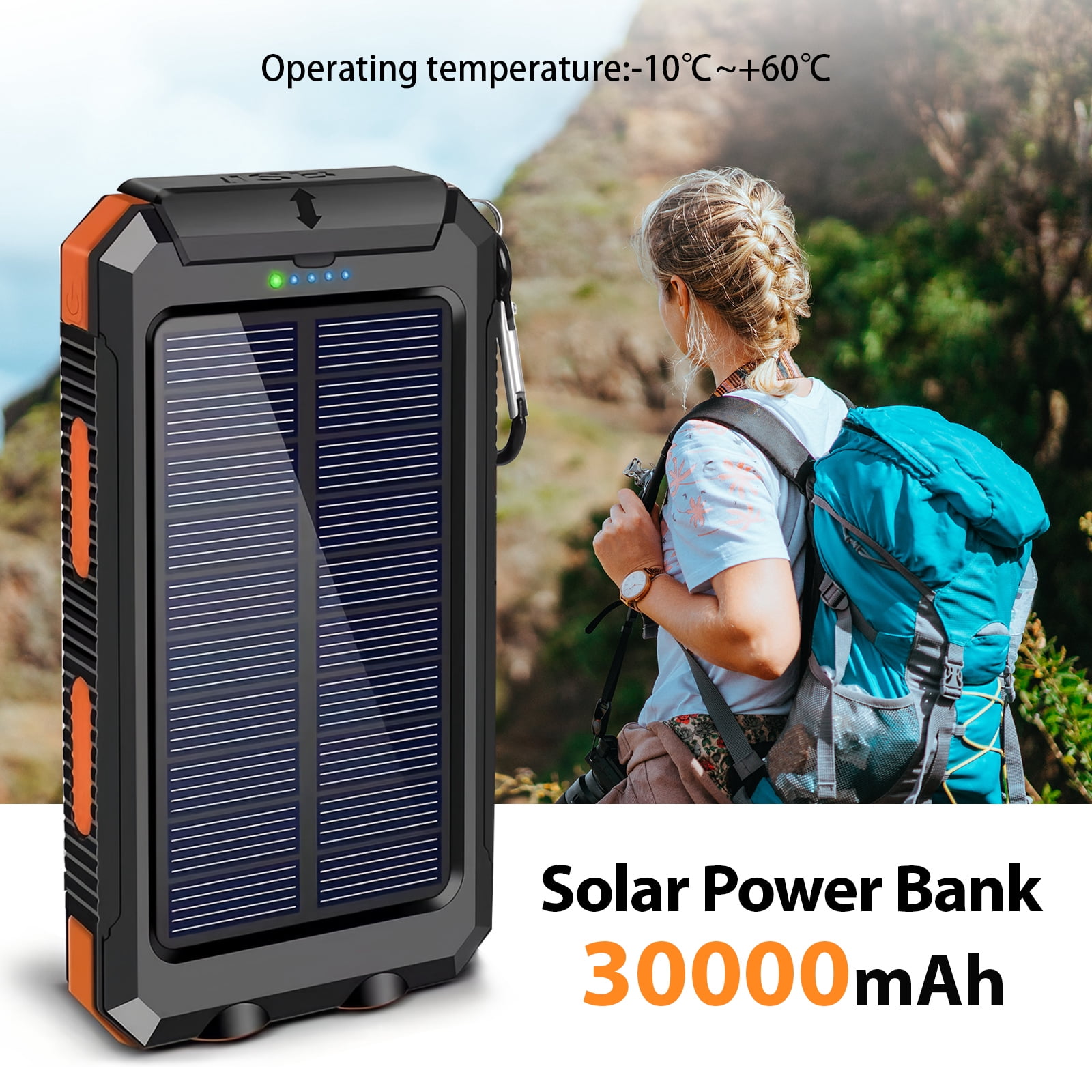 BAOKALER 30000mAh Solar Charger for Cell Phone iPhone, Portable Solar Power Bank with Dual 5V USB Ports, 2 Led Light Flashlight, Compass Battery Pack for Outdoor Camping Hiking(Orange)