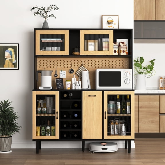 59" H Buffet Sideboard Cabinet With Storage Door & Power Outlet, Farmhouse Coffee Bar Cabinet With Wine Rack, Kitchen Pantry Living Room Black&Natural,Black