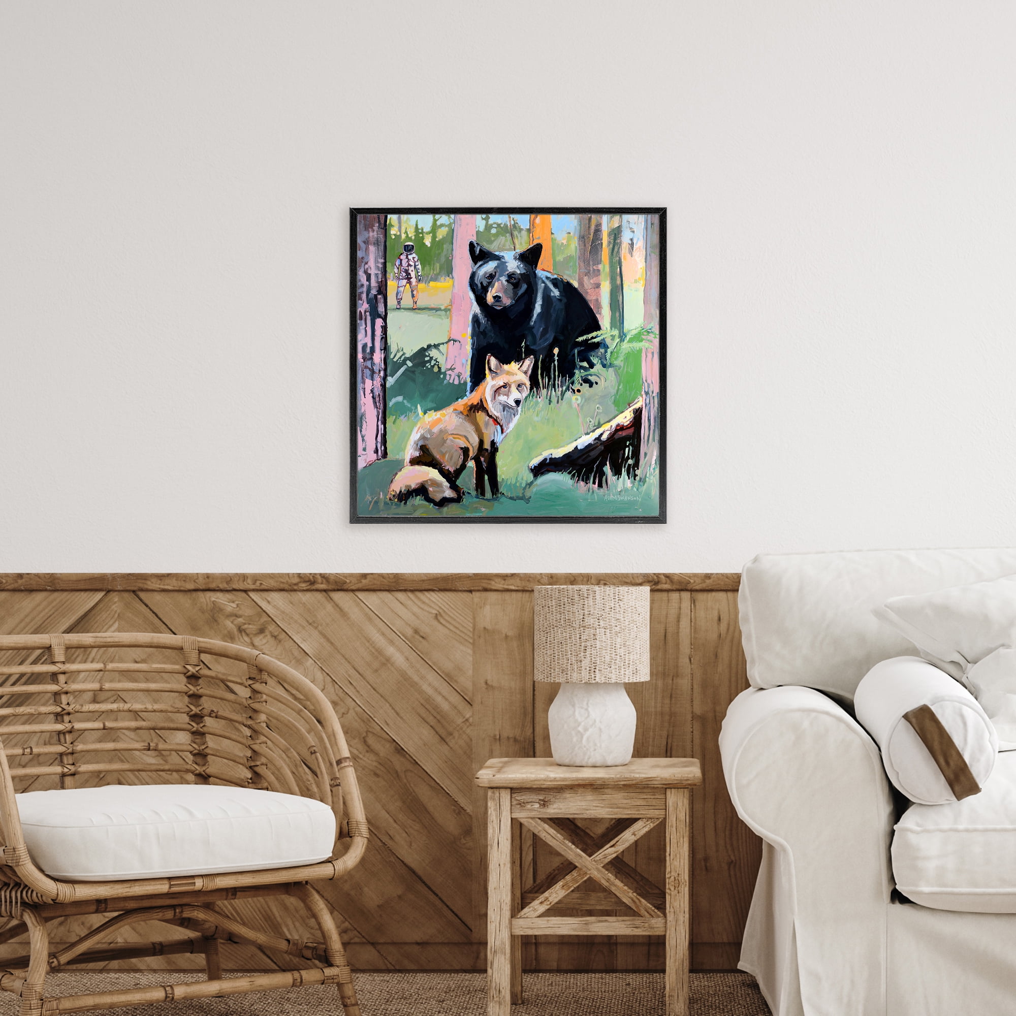Forest Animals in Deep Space Black Framed Giclee Art, design by Adam Swanson