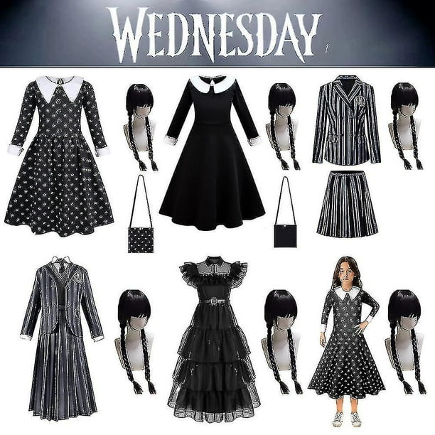 Femmes enfants filles mercredi Addams série Costume de fête ensemble robe  sac perruques déguisements cadeaux 