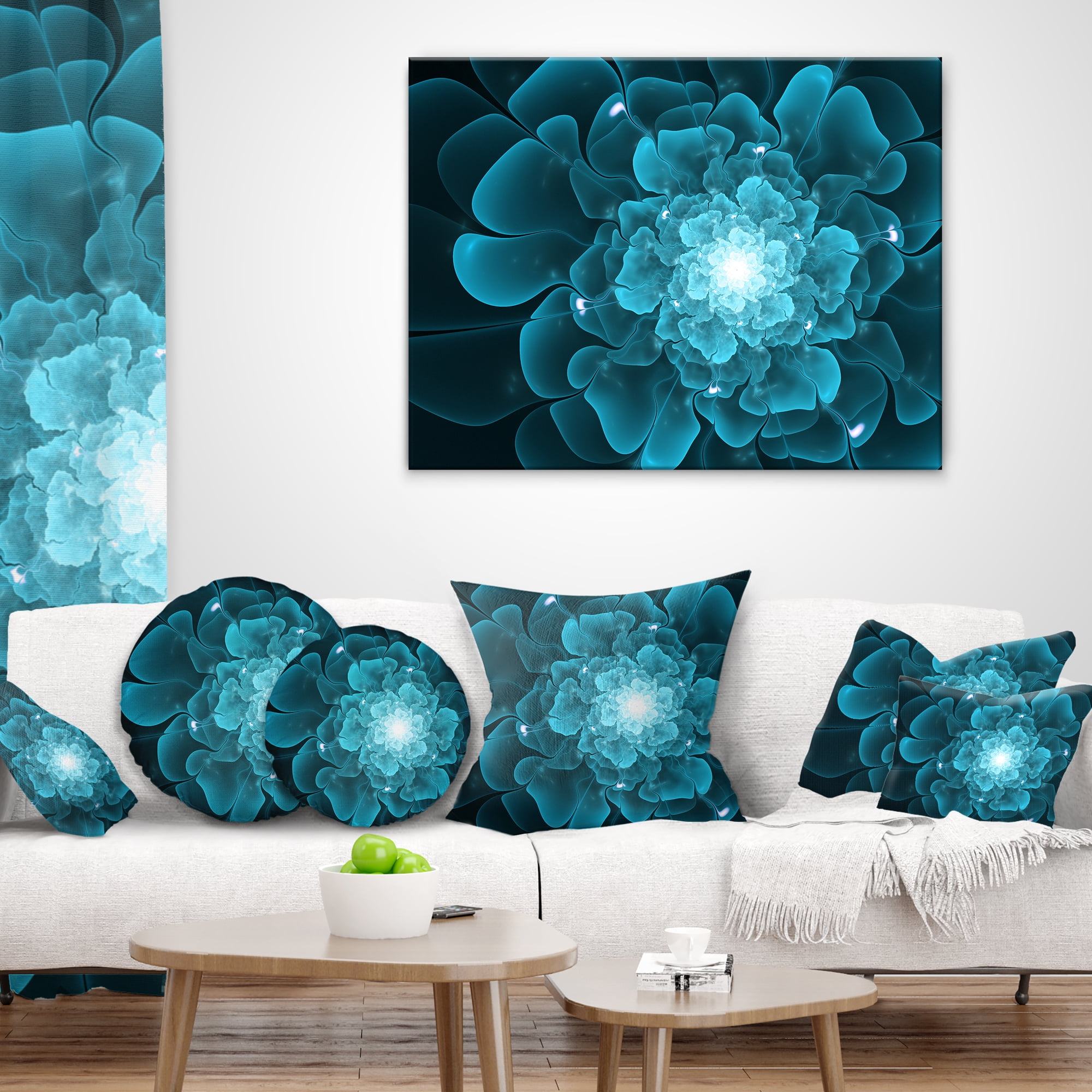 Designart Fractal Flower Clear Blue Digital Art - Floral Throw Pillow - 18x18
