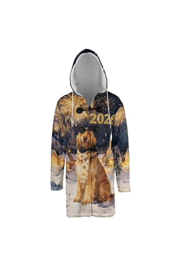 Afghan Hound Happy New Year 2026 with Fireworks on New Year's Eve All Over Print 3D Hooded Duffle Toggle Coat Dog Lover - 12022