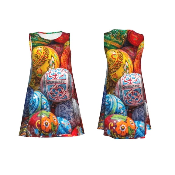 Horeoi Easter Eggs Print Women's Sleeveless Dress Cotton-like Flared Hem Deep Side Pockets Above-Knee