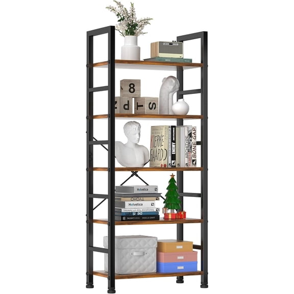 5 Tier Wooden Bookshelf Storage Shelves Organizer Retro Bookshelf Plant Display Shelf for Living Room Home Office Balcony - Rust Brown