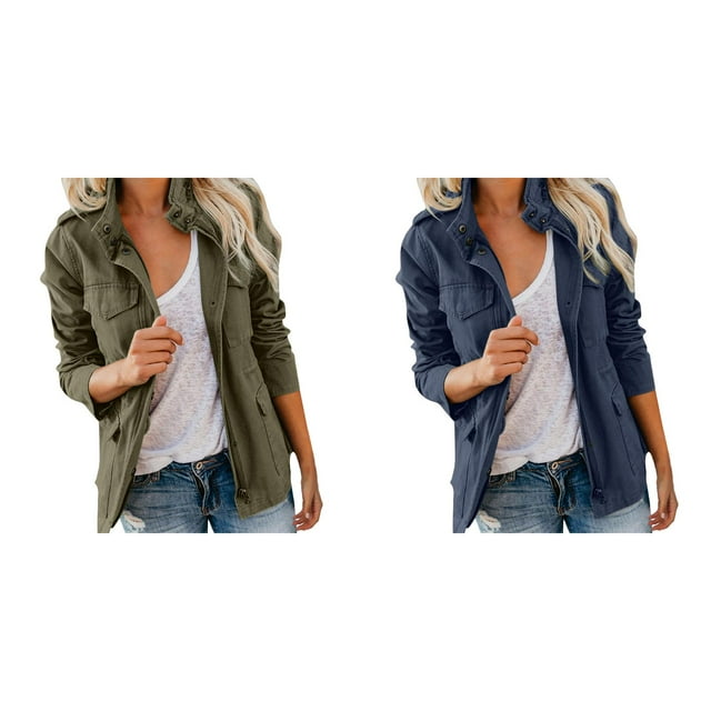 (Lot de 2) Rinsvye Veste en Denim pour Femmes avec Fermeture Éclair et Boutons-Pression Style Utilitaire avec Multiples Poches Tissu Durable pour Toutes les Saisons