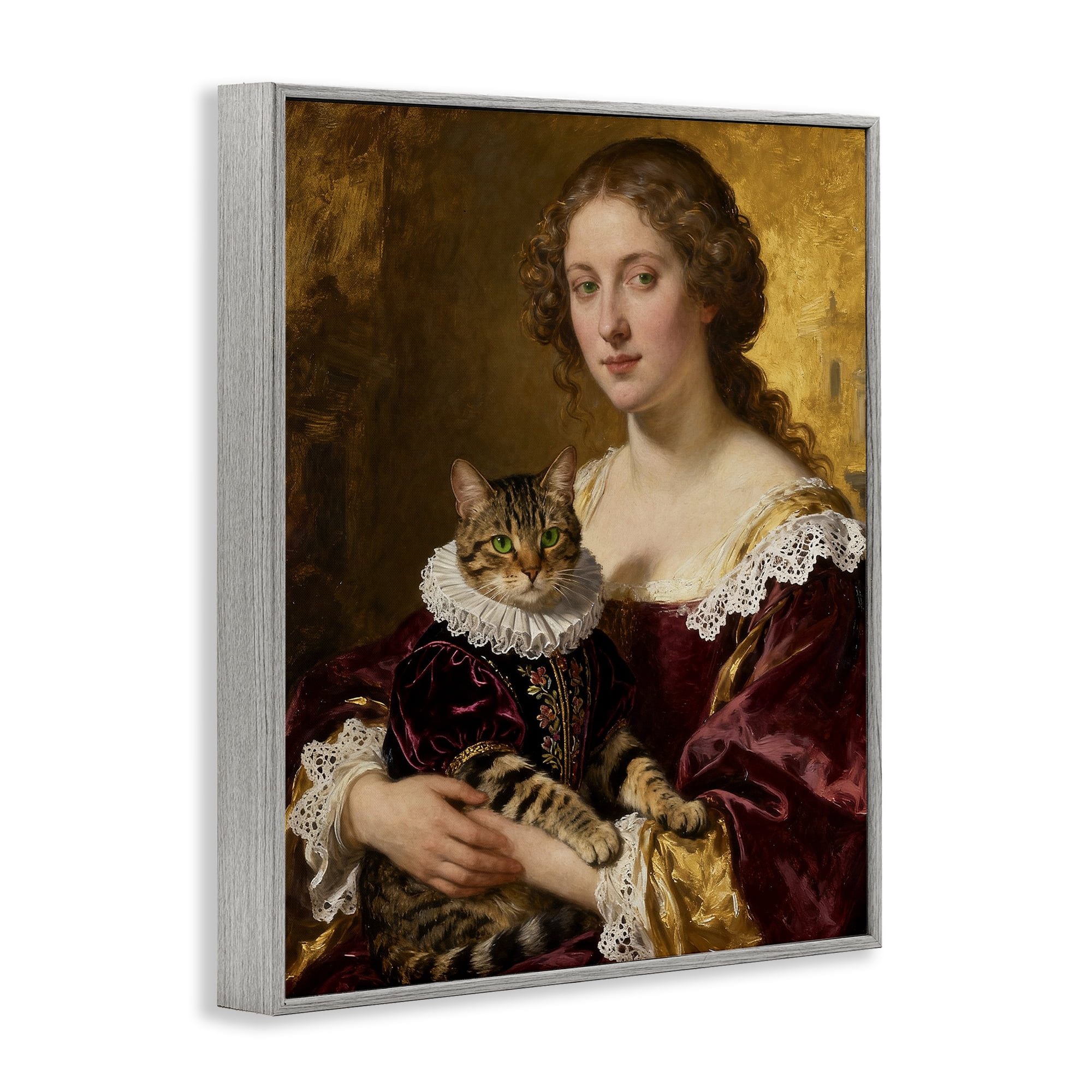 Stupell Industries Renaissance Lady with Regal Cat Gray Framed Giclee Art, design by CAD Designs