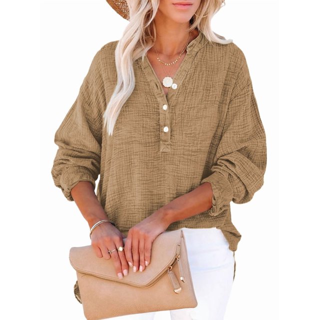 Womens Casual Button V Neck Long Sleeve Shirts Oversized Solid Blouses Tops Earthy Yellow L