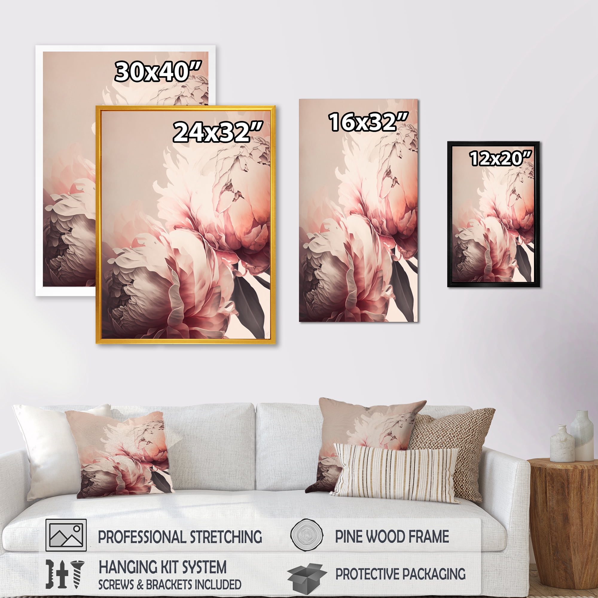 Designart Pink Peony Flower I Canvas Wall Art