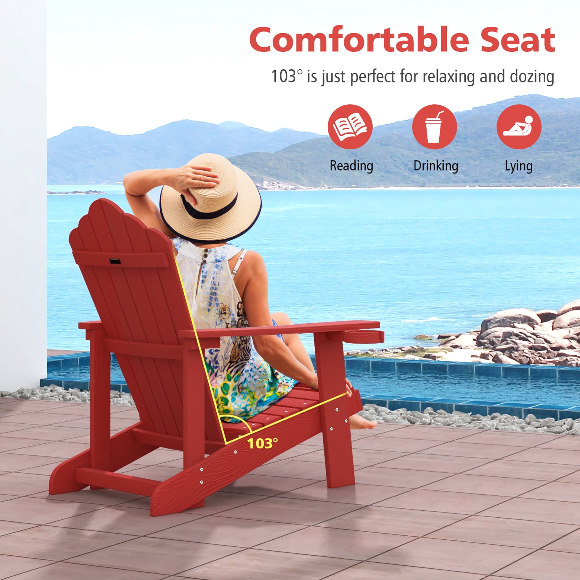 Gymax Patio HIPS Outdoor Weather Resistant Slatted Chair Adirondack Chair w/ Cup Holder Red