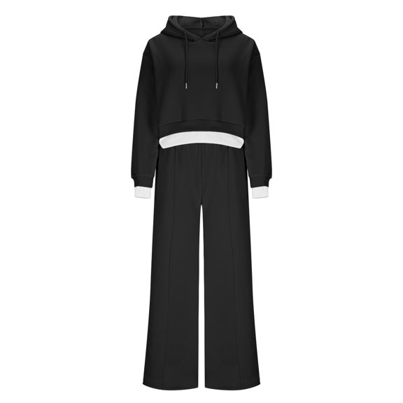 Womens Fall Trendy Outfits Sweatsuit Set Cropped Hoodies Sweatshirt High Waisted Drawstring Wide Leg Sweatpants Loungewear Tracksuit Black L