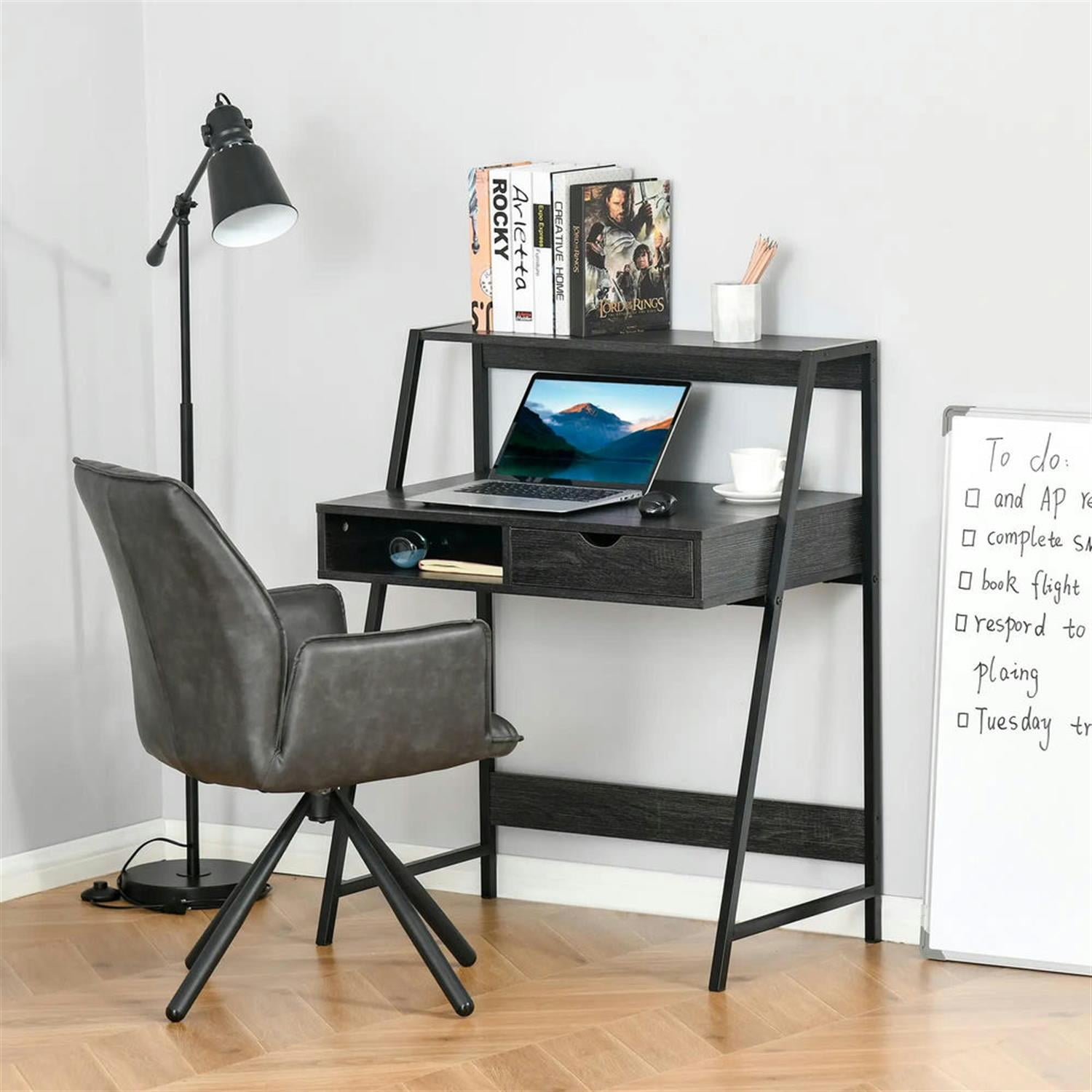 Demi Bonn Modern Office Desk with Drawer and Storage Shelves, Home Computer Desk for Living Room, Office, Study Writing Table PC Desks, Gray