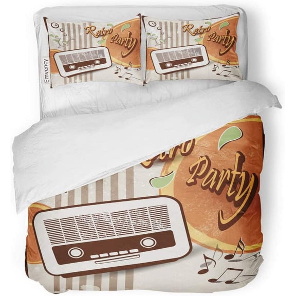 FMSHPON 3 Piece Bedding Set Music Retro Party Old Radio 50S 70S 1980S 1950S 1960S 1970S 60S Twin Size Duvet Cover with 2 Pillowcase for Home Bedding Room Decoration
