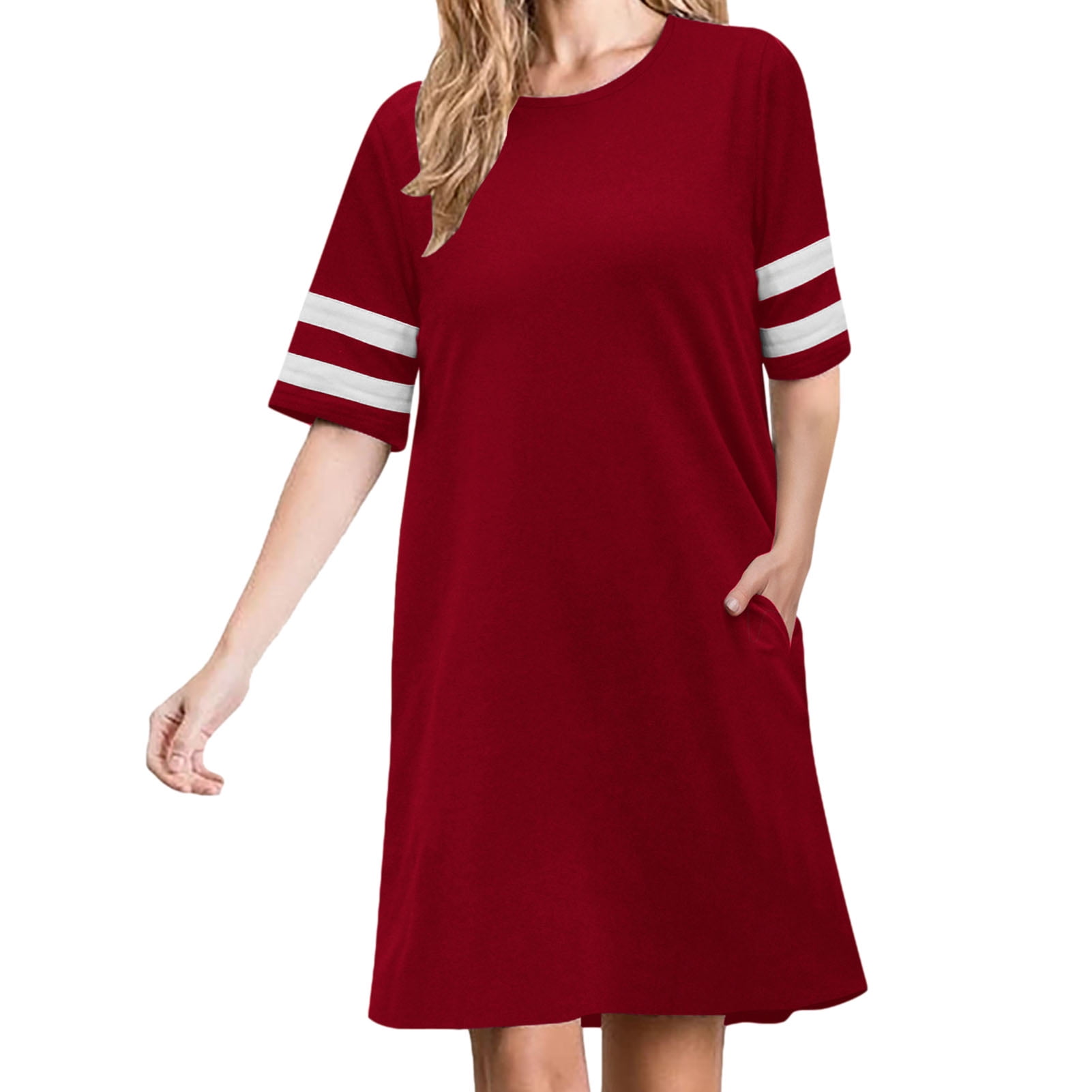 Womens Casual T Shirt Dress with Striped Sleeves Swing Dresses