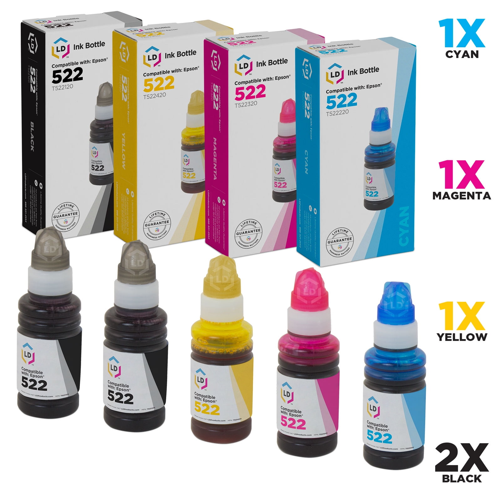 Compatible Epson 522 EcoTank Bottles: 2 T522120 Black, 1 T522220 Cyan, 1  T522320 Magenta, 1 T522420 Yellow for Expression ET-2720 & ET-4700