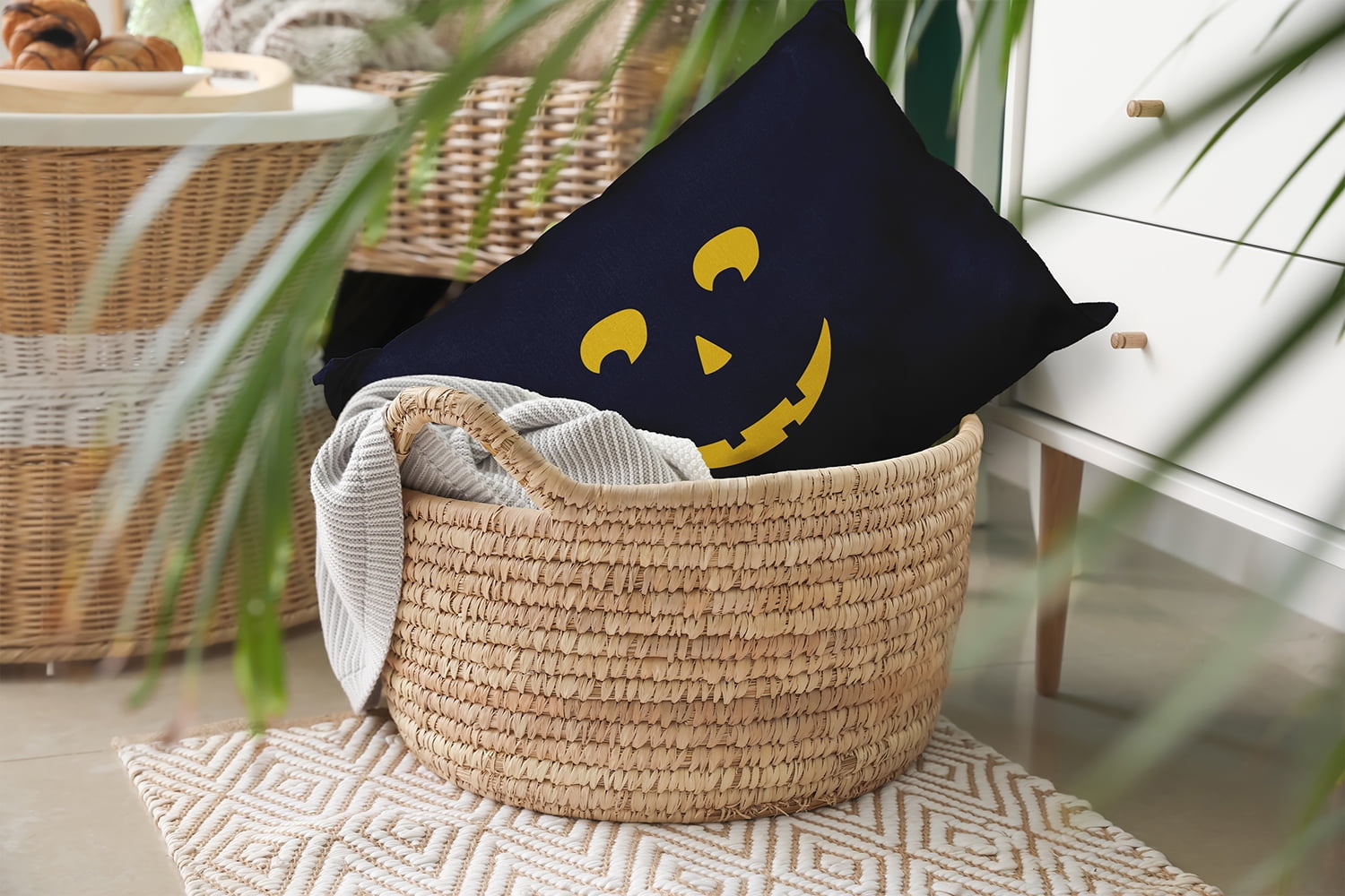 20" x 14" Simply Daisy Halloween JackoLanternRight Polyester Indoor/Outdoor Pillow, Navy Qty 1