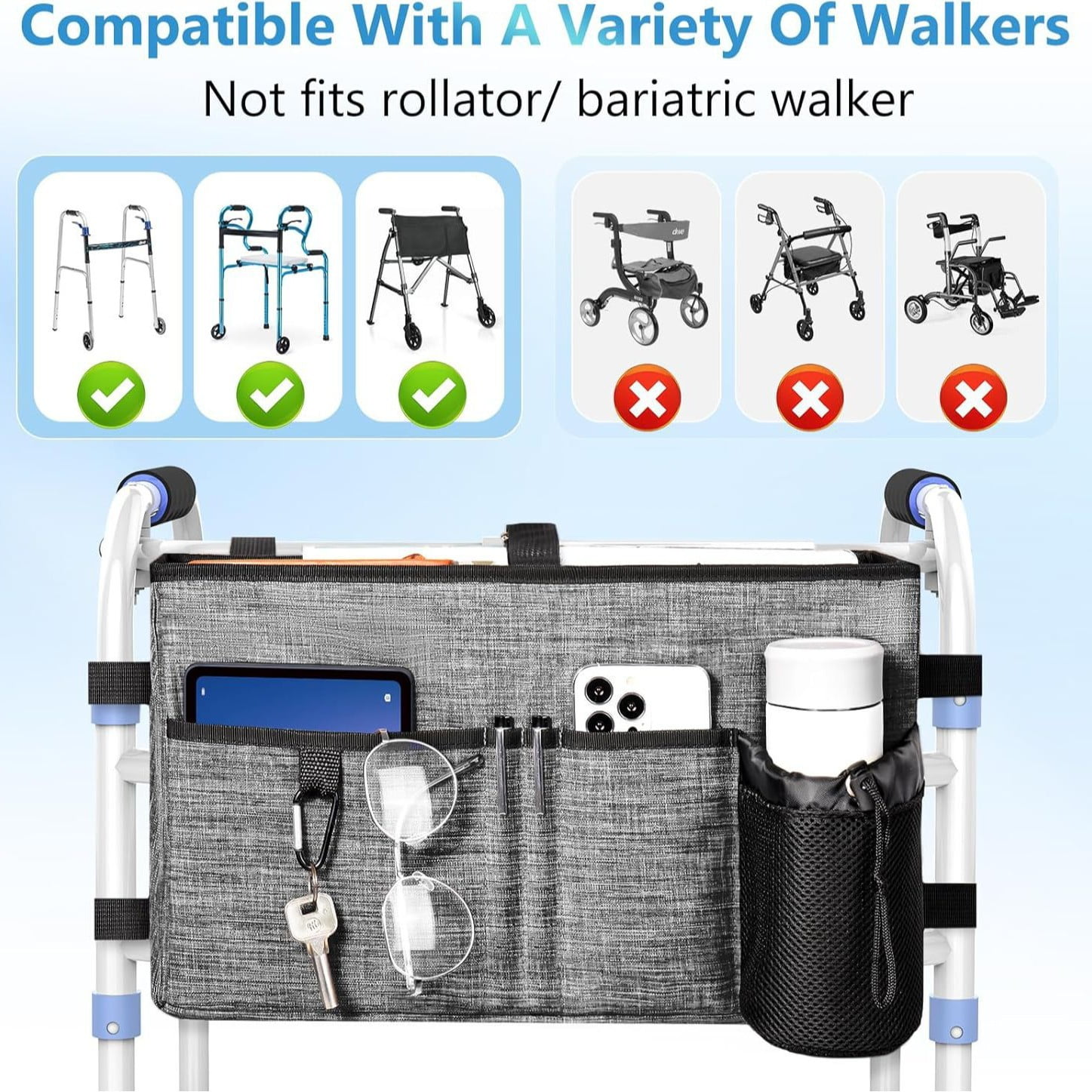 Yl-YANG Multi Pockets Folding Basket Tote Bag with Cup Holder, Hand-free Carry Pouch Storage Bag for Universal Walkers, Large Capacity Organizer for Seniors Elderly, Gray（oniy bag）