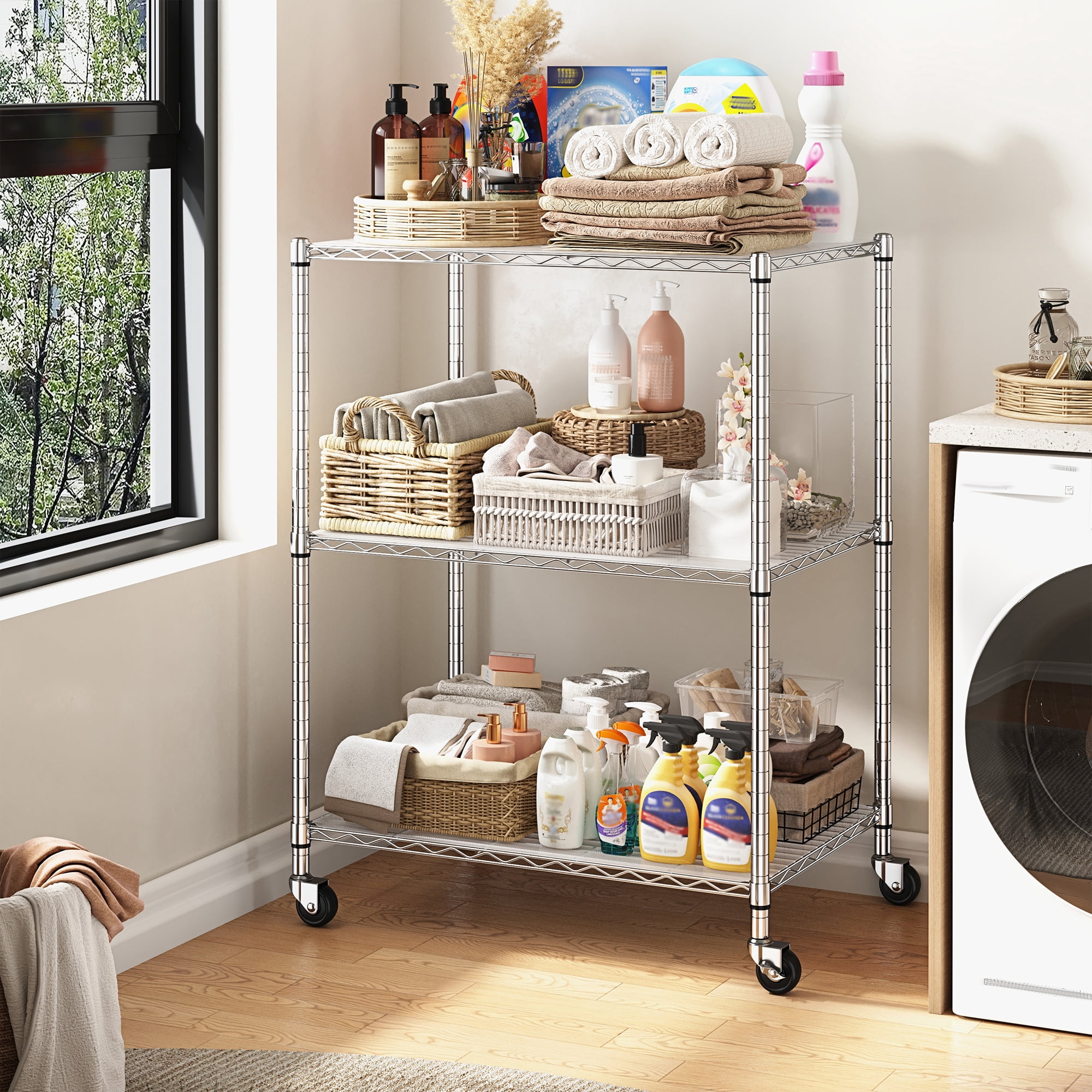 REIBII 3-Tier Wire Shelving Unit with Wheels,36"Wx18"D Heavy Duty Storage Rack,Adjustable Utility Organizer for Garage,Laundry,Pantry,300 lbs Per Shelf Chrome