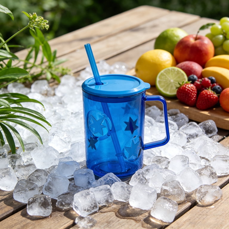 Mainstays 20oz Plastic Jelly Mug with Lid, Straw & Handle, Blue