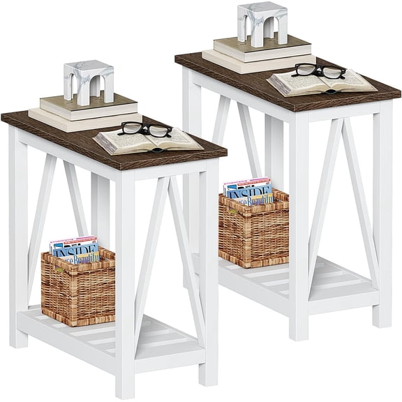 ELUREVIA Farmhouse End Table Set of 2, Rustic Vintage Narrow End Side Table with Storage Shelf for Small Spaces, Nightstand Sofa Table for Living Room, Bedroom White