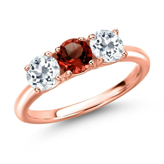 Gem Stone King 18K Rose Gold Plated Silver Red Garnet and White Topaz Engagement Ring for Women | 1.75 Cttw | Round 5MM | Gemstone January Birthstone | Size 5