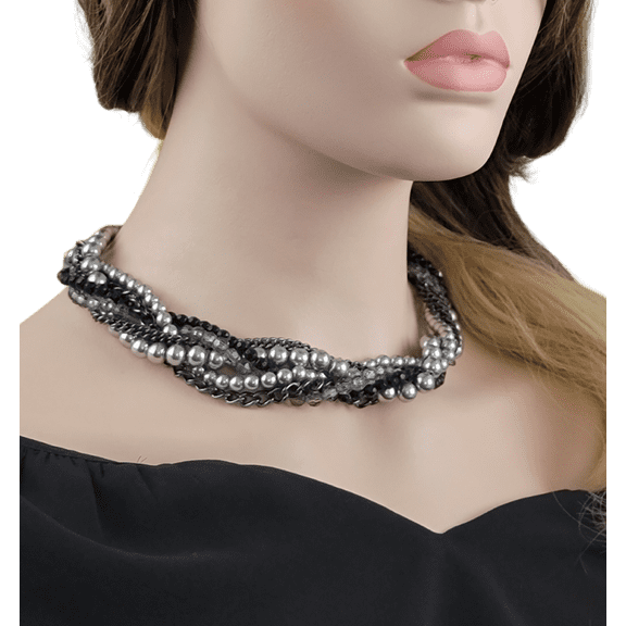 Premier Designs Six Strand Black Chain Gray Faux Pearl Twisted Necklace NWOT