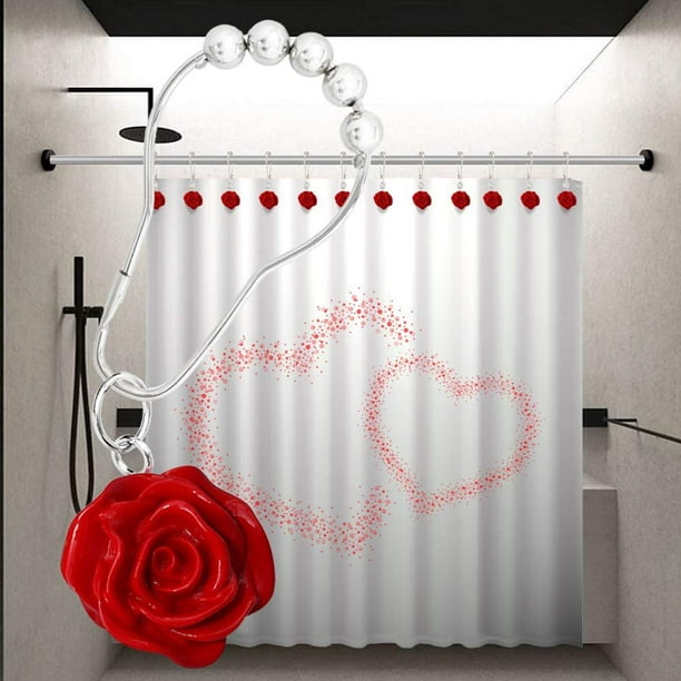 Mikewe 12pcs Shower Curtain Hooks Rings For Bathroom, Decorative Rose Flower Resin Shower Curtain Hooks Rods Curtains And Liner Red