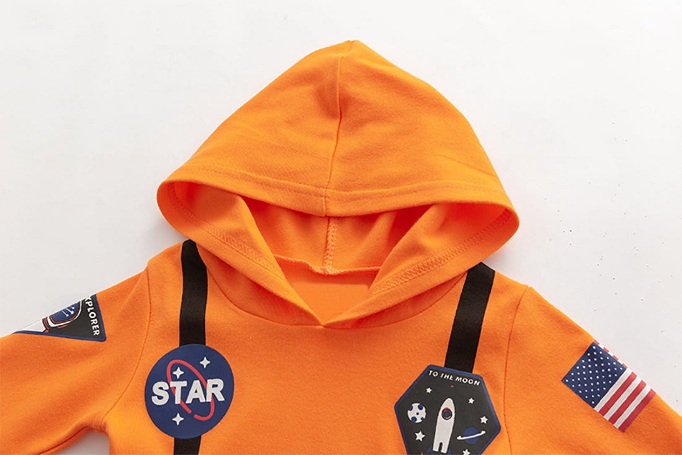 StylesILove Baby Toddler Boy Long Sleeve Astronaut Cotton Onesie Hooded Romper Cosplay Party Halloween Jumpsuit Outfit (24 Months, Orange - Long Sleeve)
