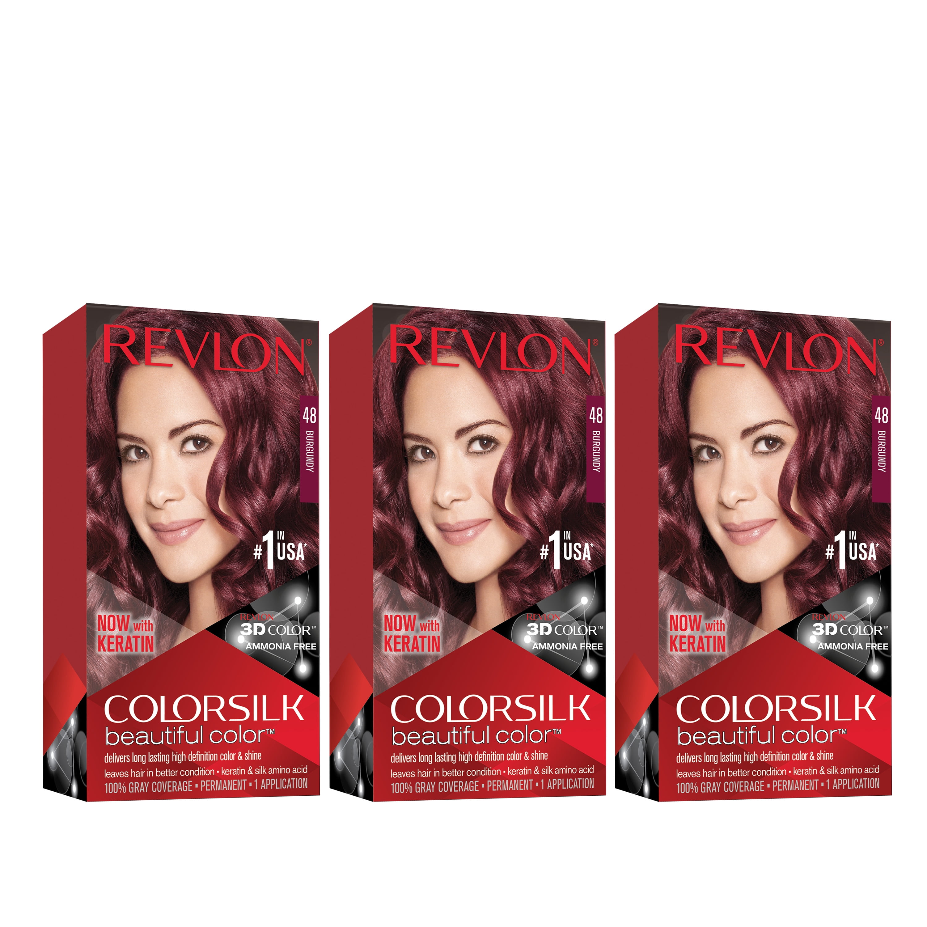 Revlon Colorsilk Beautiful Color Permanent Hair Dye, Dark Brown, At-Home  Full Coverage Application Kit, 48 Burgundy, 3 Pack 