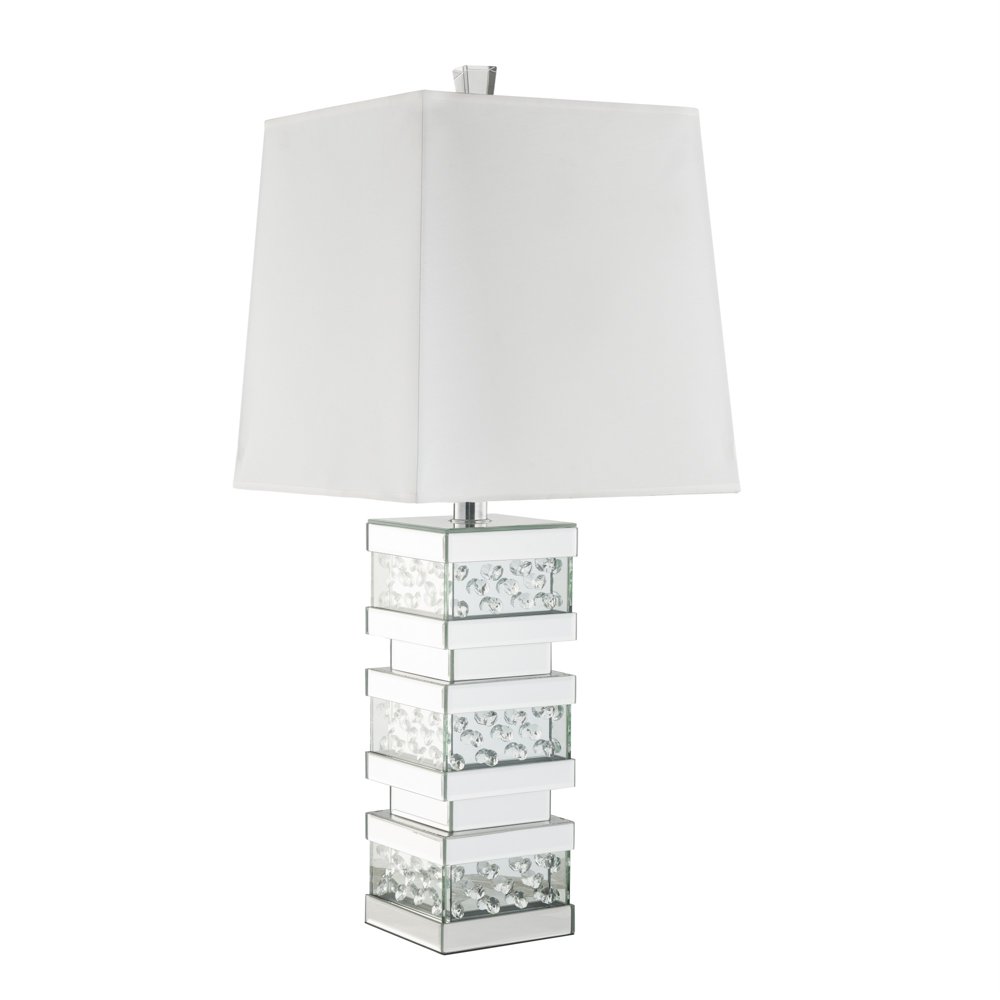 Contemporary Square Table Lamp with Pedestal Mirrored Base, White and Clear