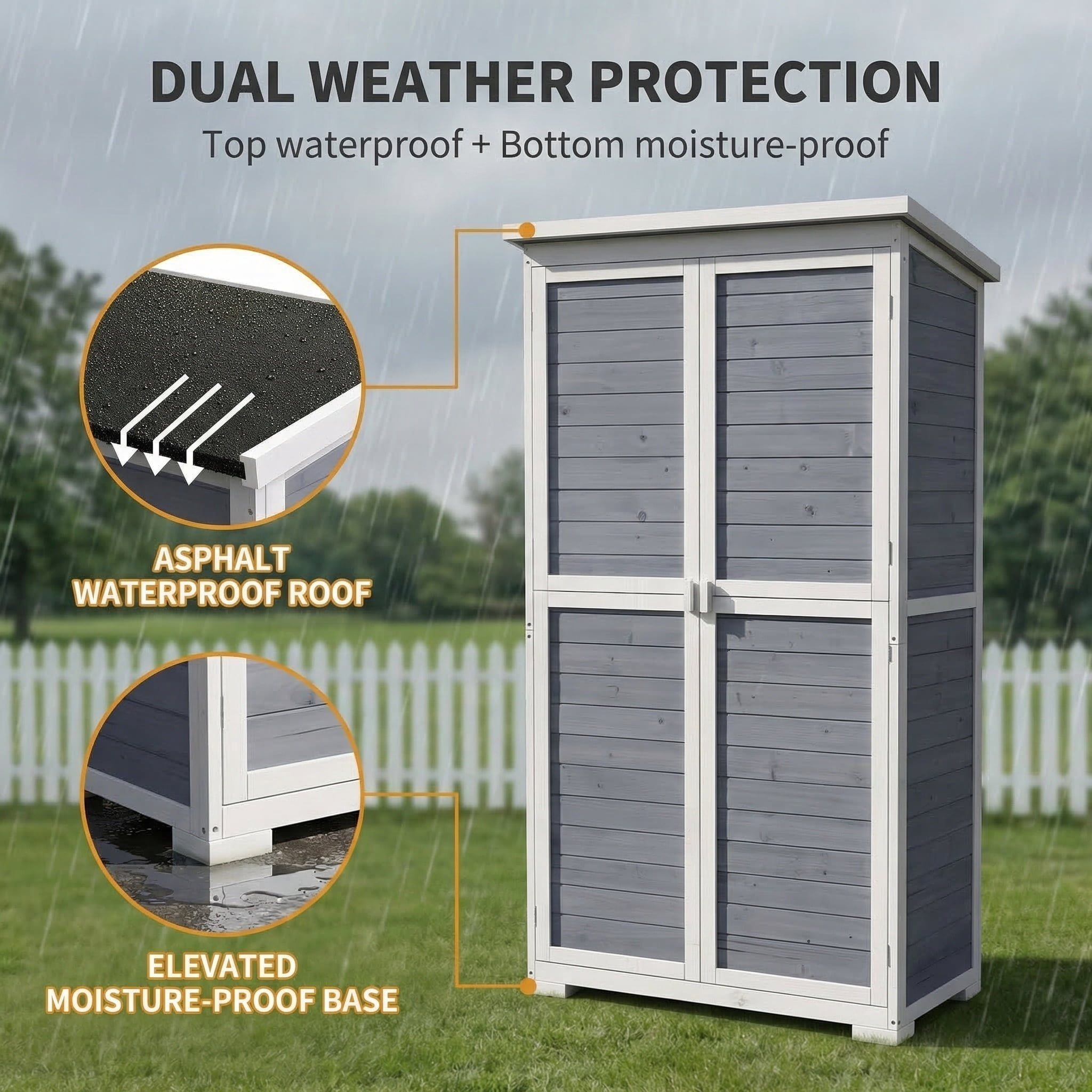 Lofka Outdoor Storage Cabinet with Floor, Vertical Wooden Tool Cabinet with Removable Shelves & Sloped Asphalt Roof for Patio Backyard Garden