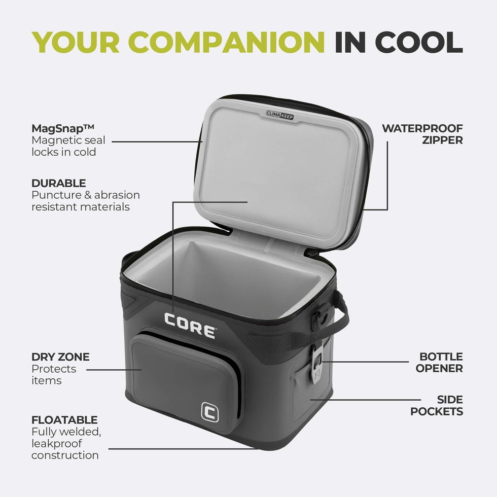 CORE 18 Can Climakeep Magnetic Soft Cooler, Leakproof Cooler, Waterproof Zipper, Charcoal