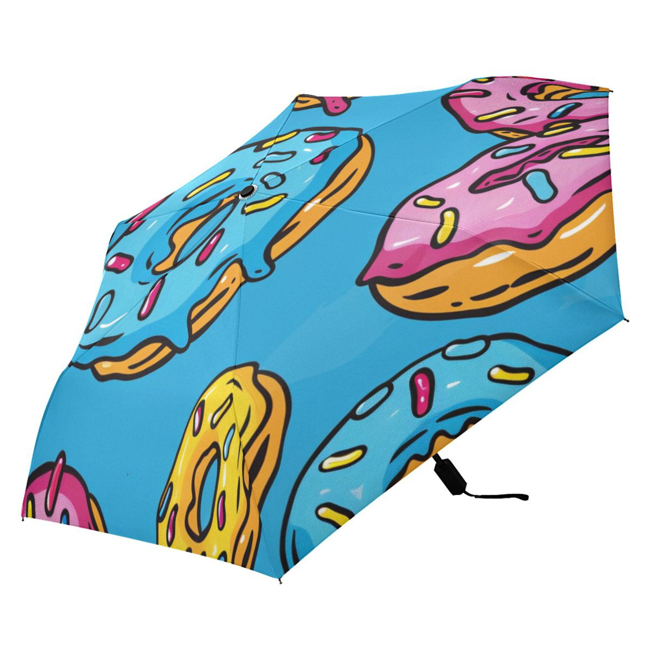Colorful Donuts Cartoon All Weather Umbrella Triple Folding Parasol 6 Ribs UV Protection Portable