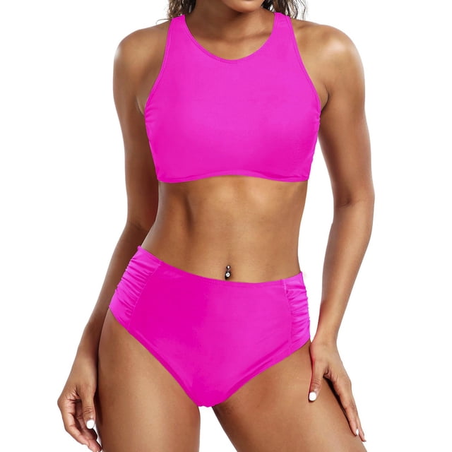 WILLBEST Traje de Baño Para Mujer, Bikini de Cintura Alta Sexy, Push Up, Traje de Baño de Dos Piezas, Conjunto de Bikini Estampado de Cintura Alta Fruncido Retro de Dos Piezas