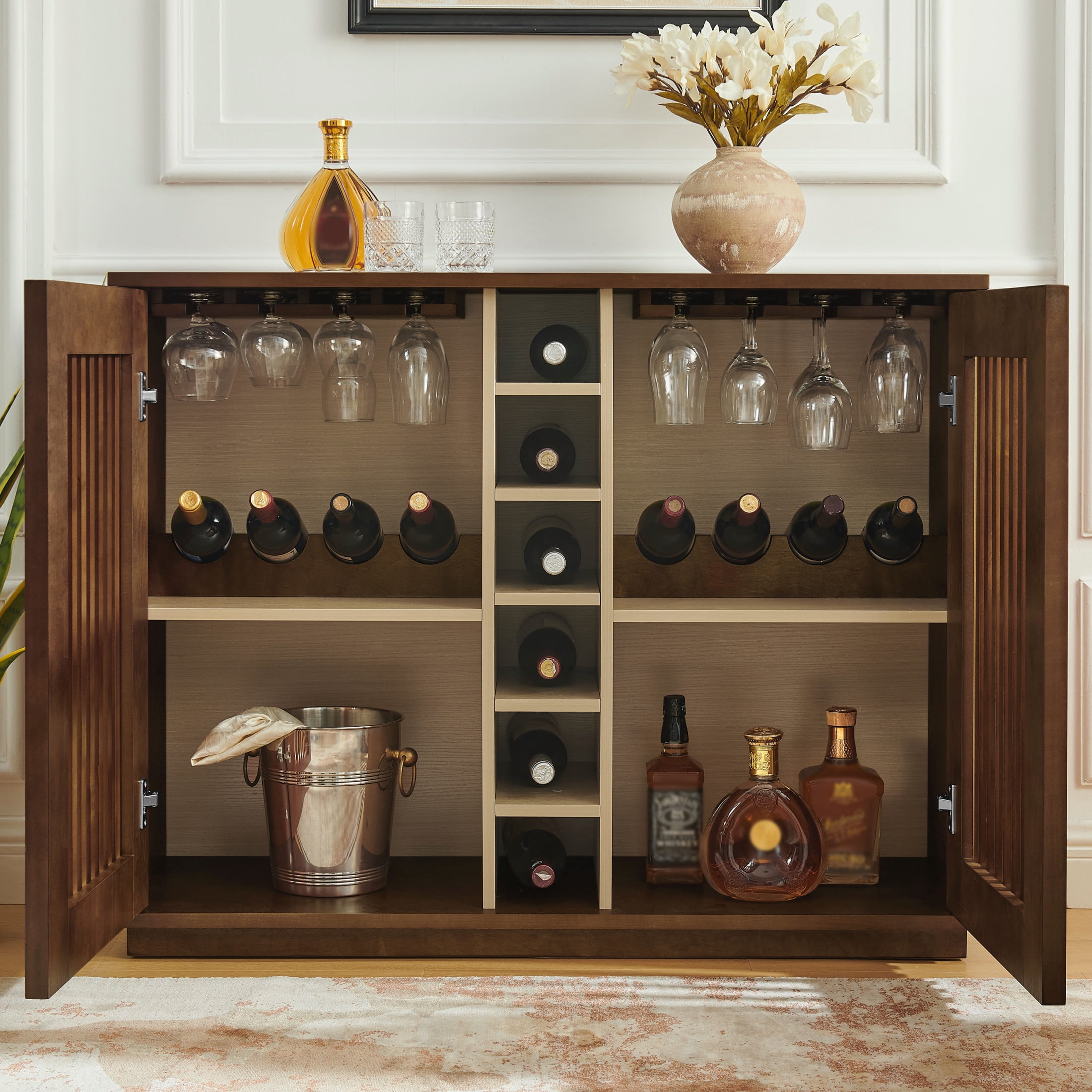 GDF Studio 43.1" Mid Century Modern Fluted Liquor Cabinet with Wine Rack & Glass Holder, Walnut