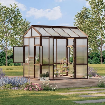 6x8 Ft Wooden Walk-In Greenhouse with Polycarbonate Panels and Lockable Door for Garden